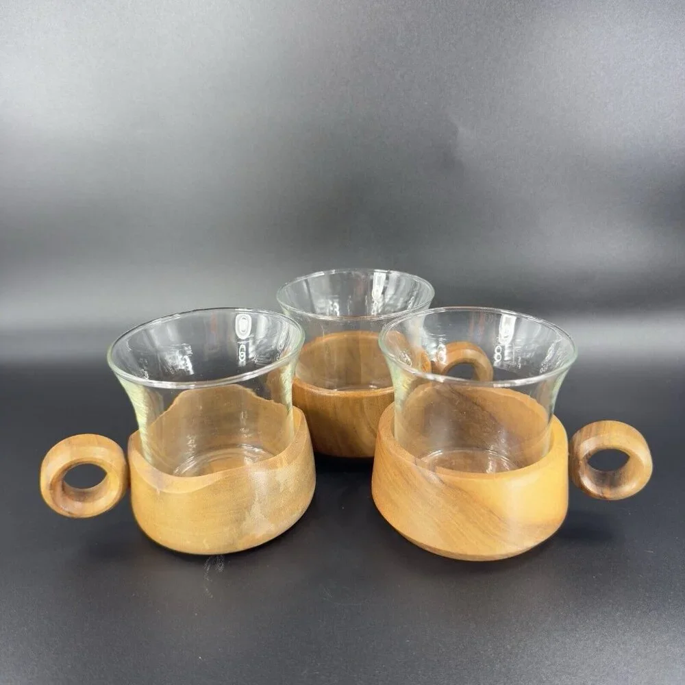 Vintage Jena Glass Mug with Wooden Holder Insert Set 3 Round Handle Wood Insert‎